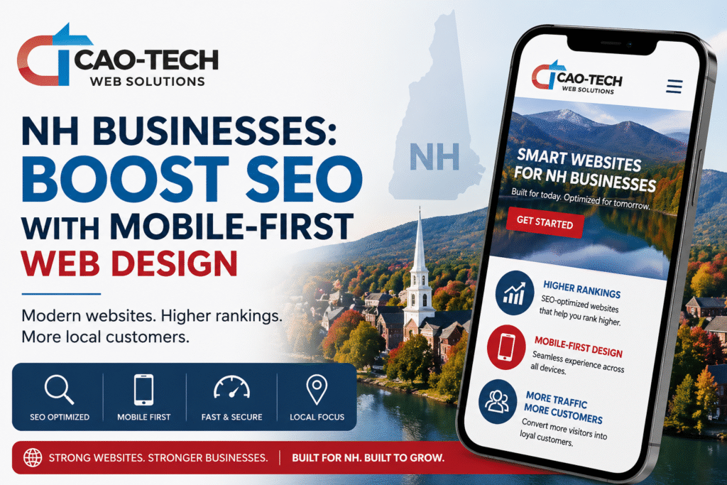 Cao-Tech Web Solutions ad showcasing mobile-first design benefits for NH businesses, featuring a smartphone with a website.