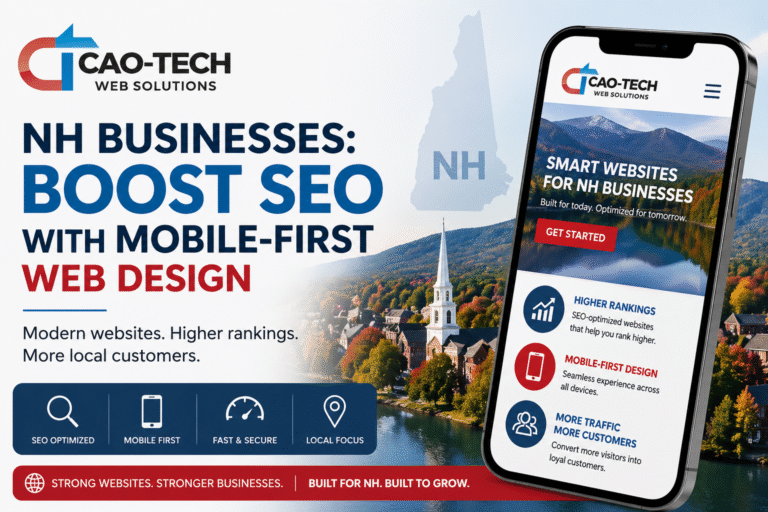 Cao-Tech Web Solutions ad showcasing mobile-first design benefits for NH businesses, featuring a smartphone with a website.