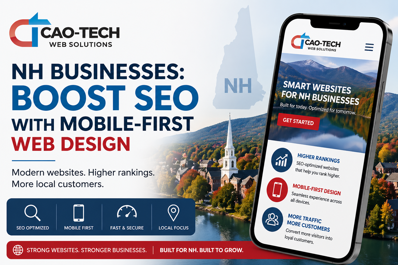 Cao-Tech Web Solutions ad showcasing mobile-first design benefits for NH businesses, featuring a smartphone with a website.