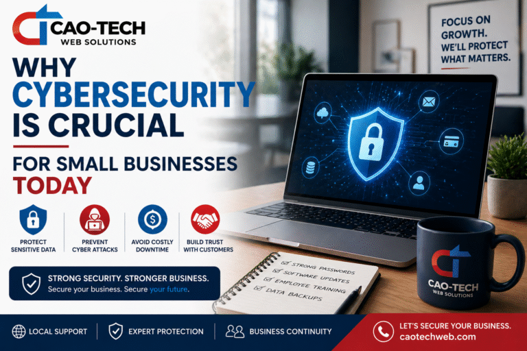 Open laptop with cybersecurity graphics, shield icon, and text on cybersecurity importance for small businesses.