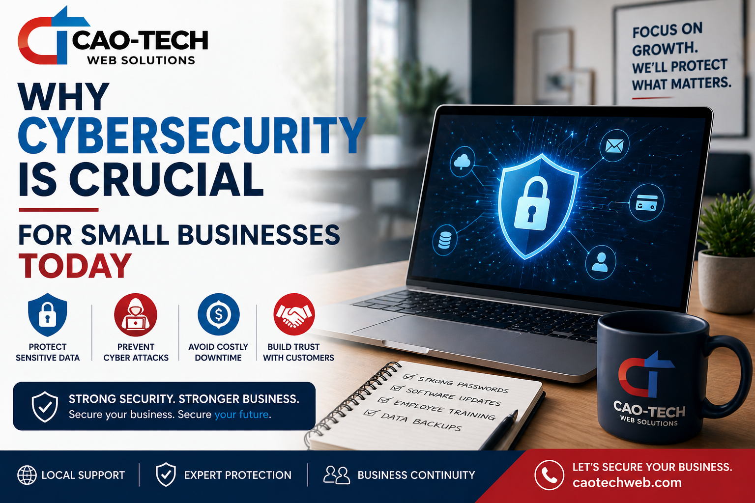 Open laptop with cybersecurity graphics, shield icon, and text on cybersecurity importance for small businesses.