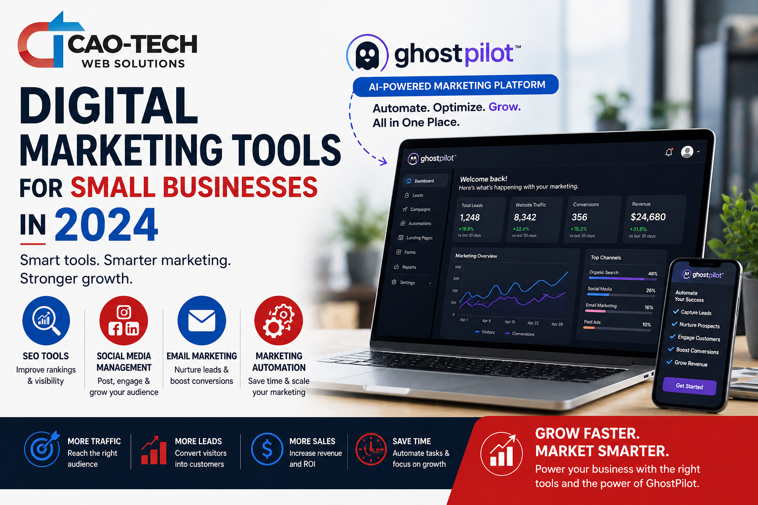 Promotional flyer for digital marketing tools featuring a laptop with analytics dashboard and business growth strategies.