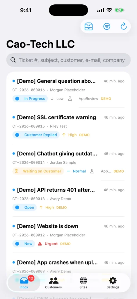CaoDesk iPhone inbox