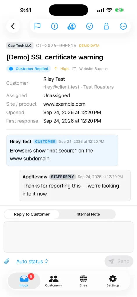 CaoDesk iPhone ticket view