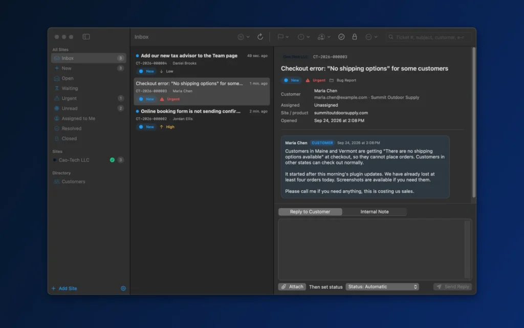 CaoDesk on Mac: sidebar mailboxes, the ticket list and an urgent checkout ticket with the reply box