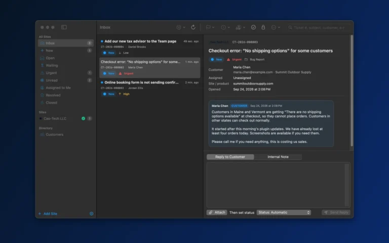 CaoDesk on Mac: sidebar mailboxes, the ticket list and an urgent checkout ticket with the reply box