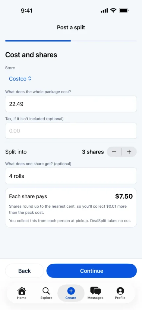 DealSplit post a split cost and shares
