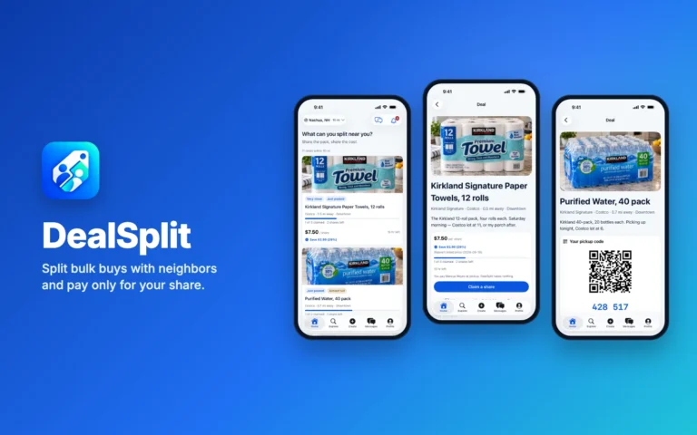 DealSplit iPhone app: nearby deals, a paper towel split at $7.50 per share, and a pickup QR code
