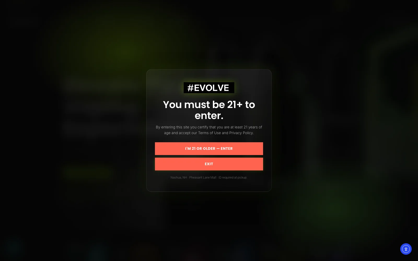 Evolve Vapor 21+ age verification screen