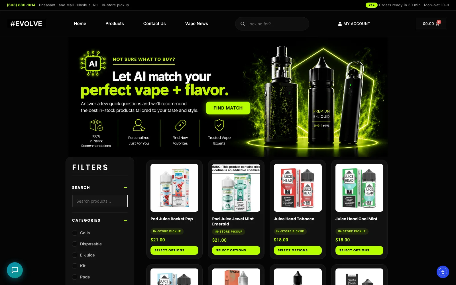 Evolve Vapor product catalog with filters, search and AI product match