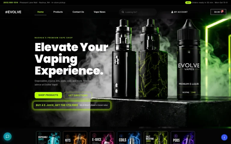 Evolve Vapor storefront homepage