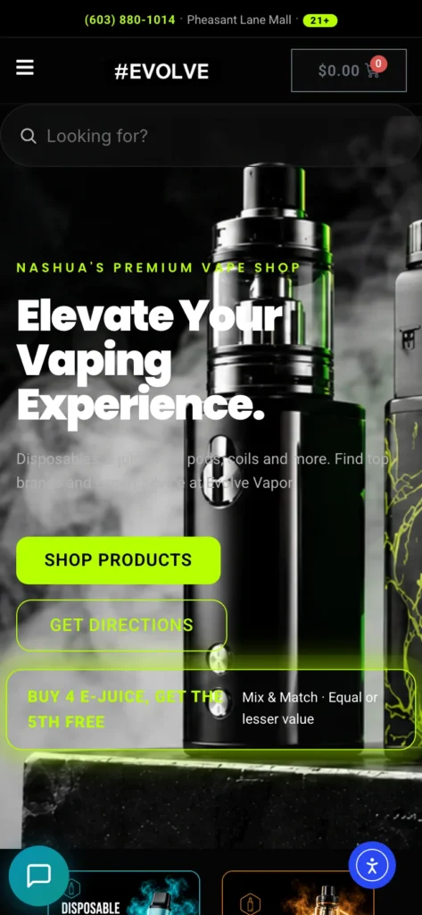Evolve Vapor storefront on a phone