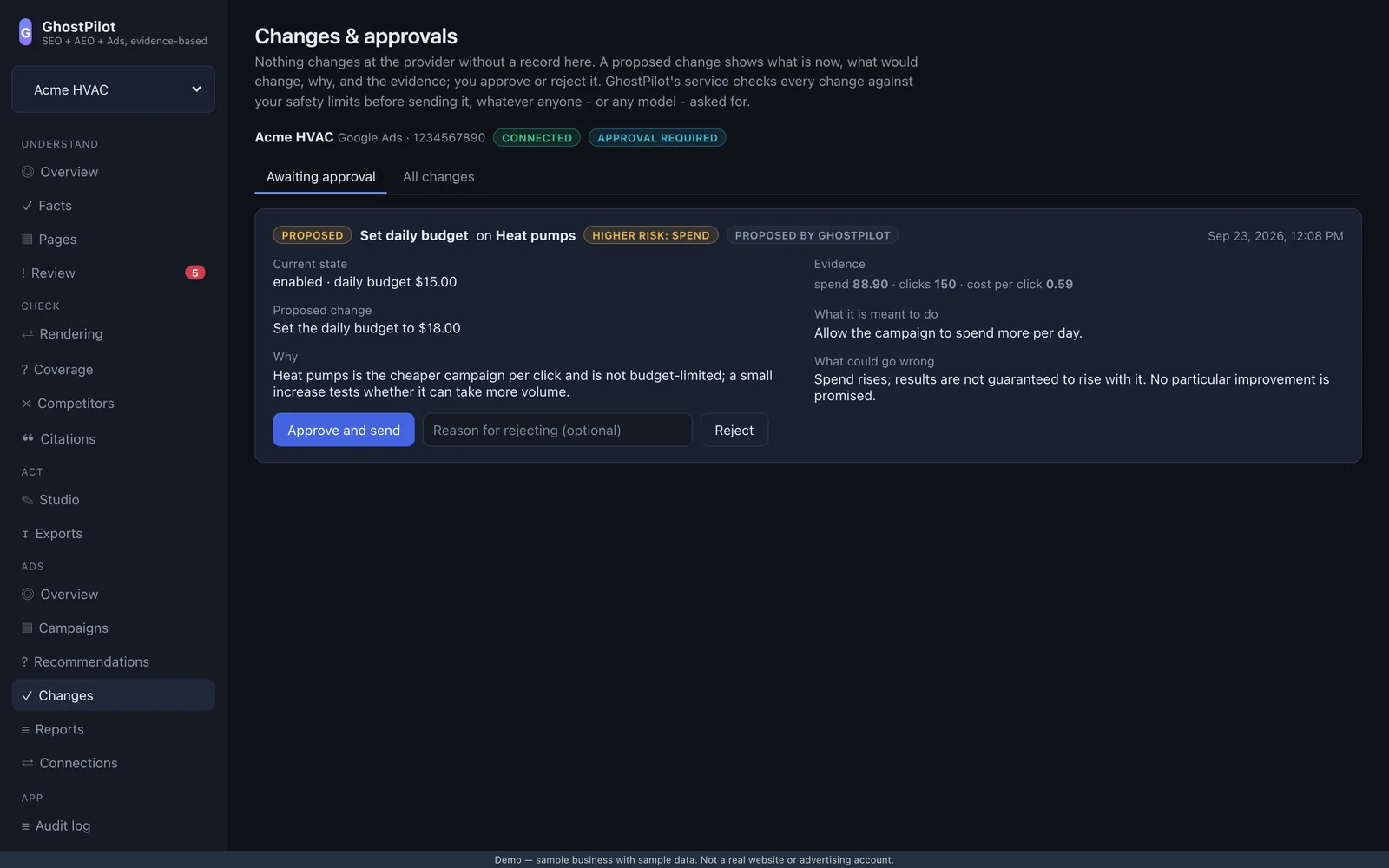 GhostPilot ads changes awaiting approval