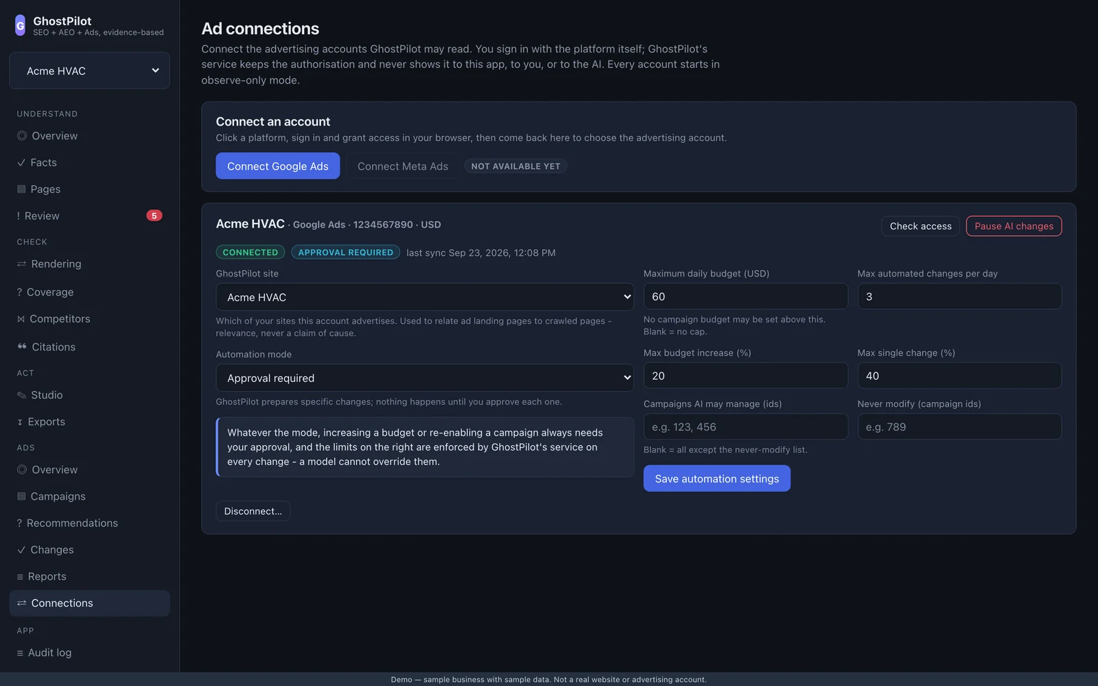 GhostPilot ad account connections and safety limits
