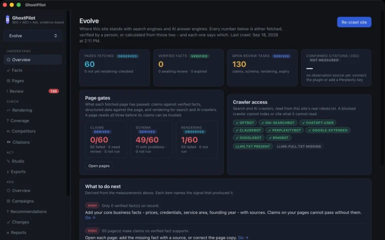 GhostPilot desktop app showing the overview for Evolve Vapor’s website