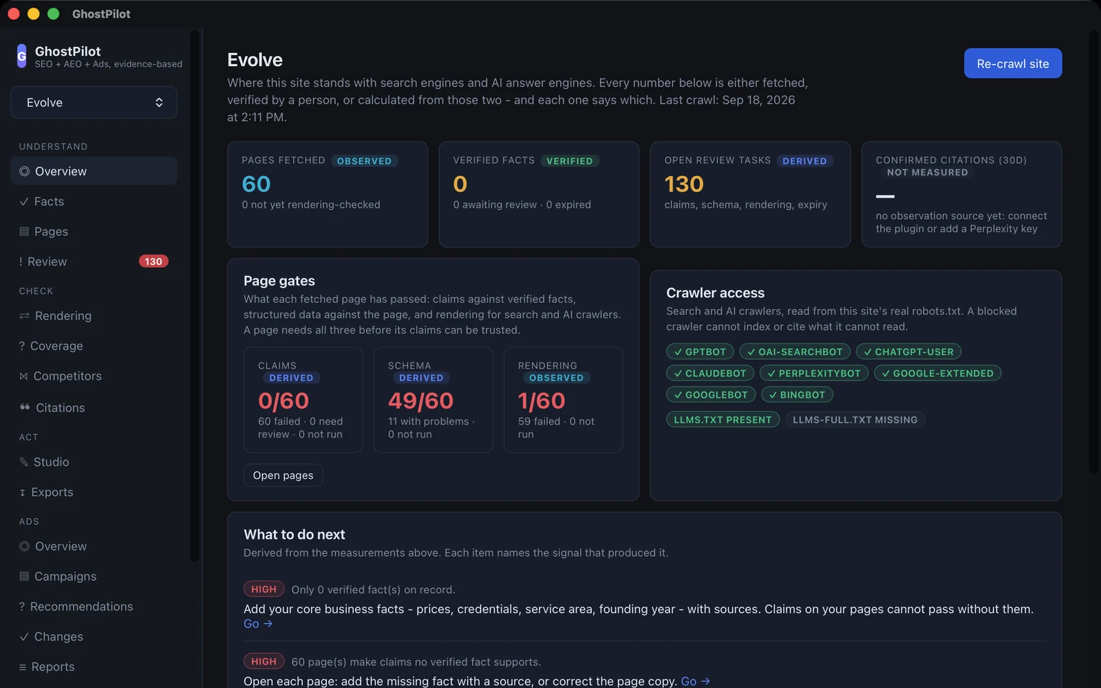 GhostPilot desktop app showing the overview for Evolve Vapor’s website