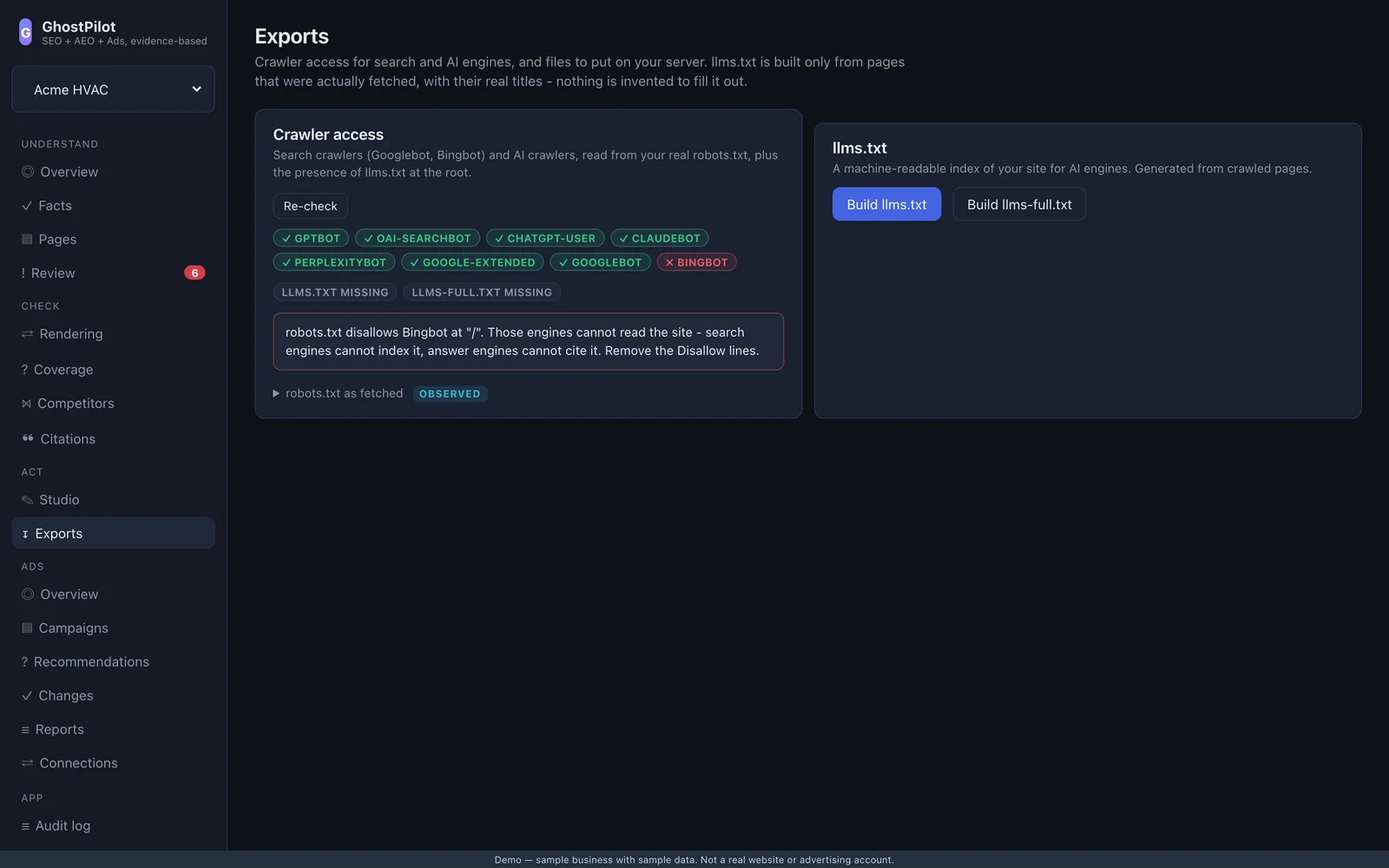 GhostPilot crawler access and llms.txt exports