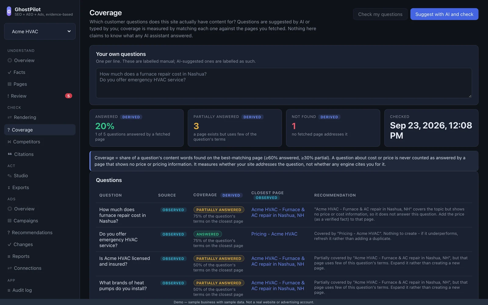 GhostPilot customer-question coverage
