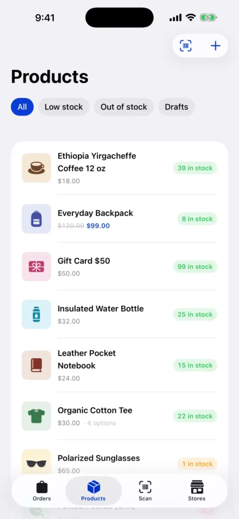 StockDeck product list with stock levels