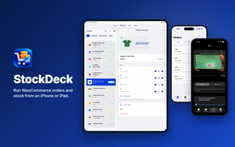 StockDeck on iPad and iPhone: product list with stock by size, the orders list and the barcode scanner
