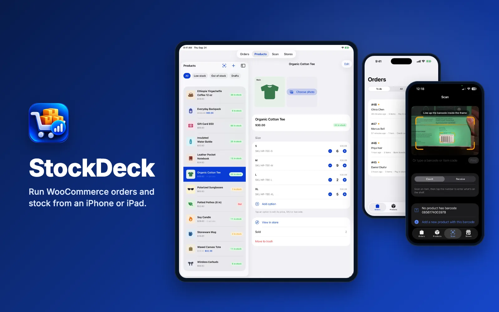 StockDeck on iPad and iPhone: product list with stock by size, the orders list and the barcode scanner