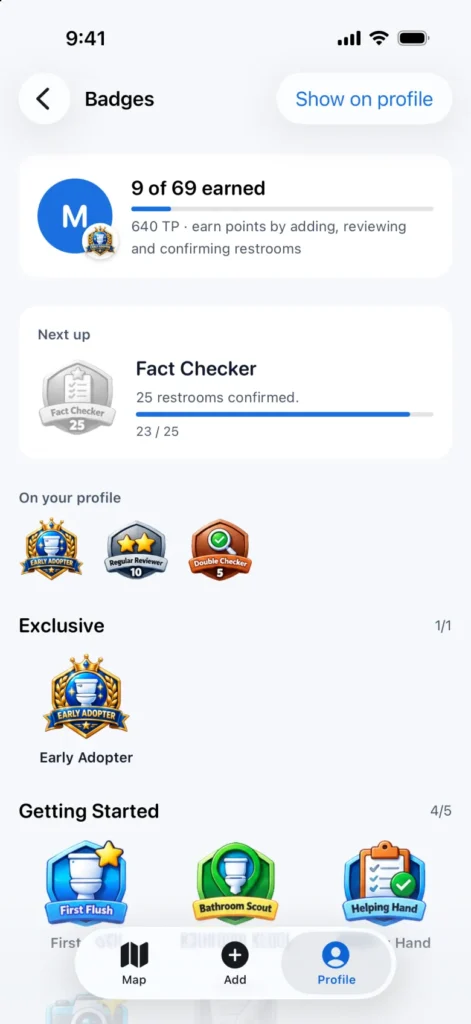 TPee badges screen
