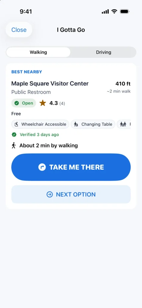 TPee I Gotta Go screen showing the best nearby restroom