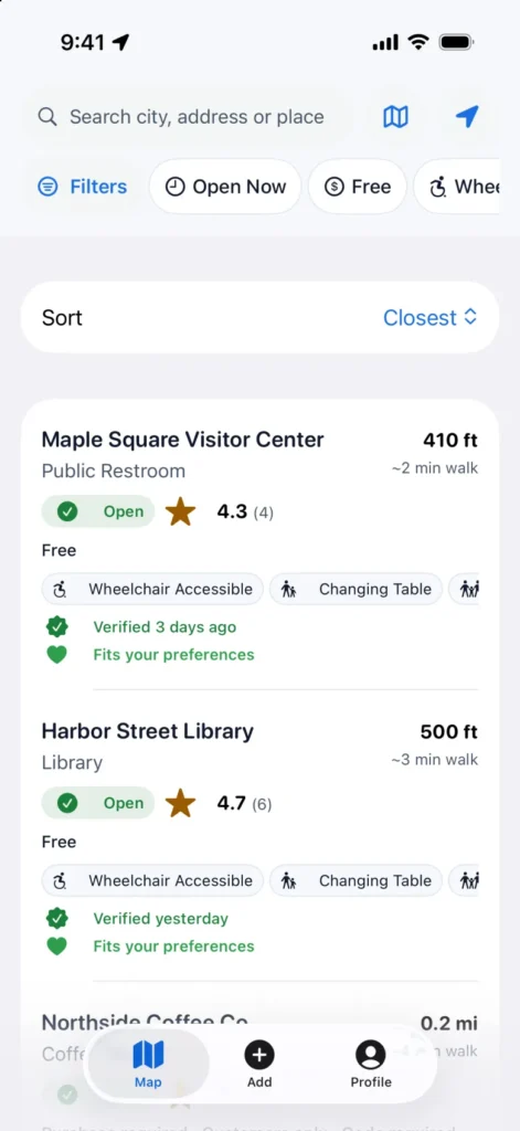 TPee sortable list of nearby restrooms