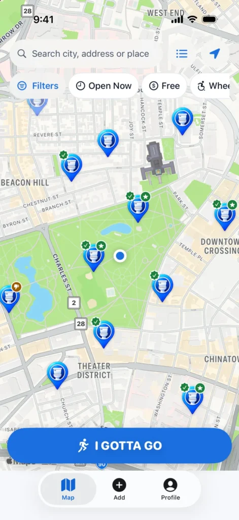 TPee map with nearby restroom pins and filters