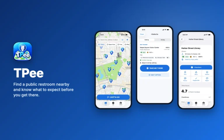 TPee iPhone app: map of nearby restrooms, the I Gotta Go screen and a restroom detail page
