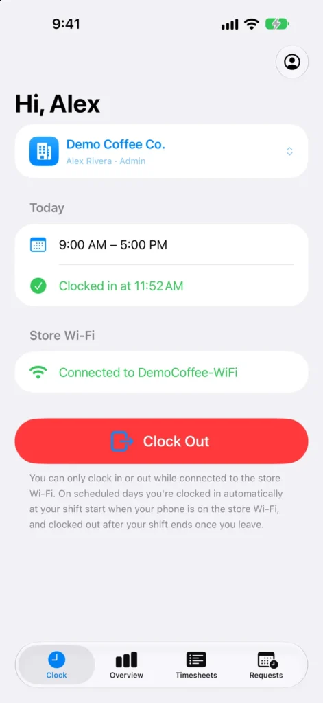 HRMgnt clock screen with today’s shift and the store Wi-Fi
