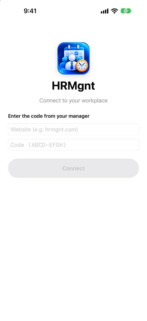 HRMgnt connect to your workplace screen