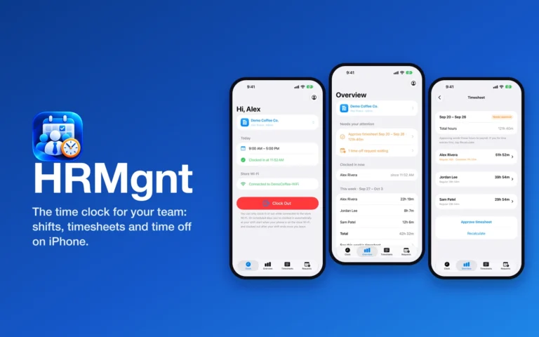 HRMgnt iPhone app: the clock screen, the manager overview and a weekly timesheet