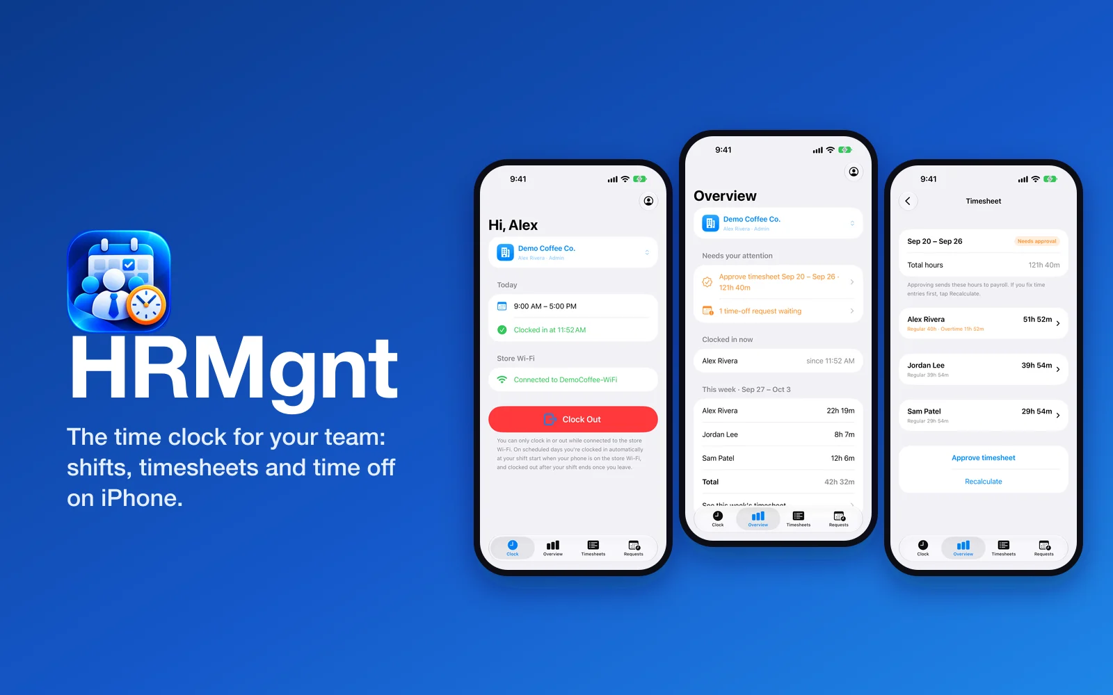 HRMgnt iPhone app: the clock screen, the manager overview and a weekly timesheet